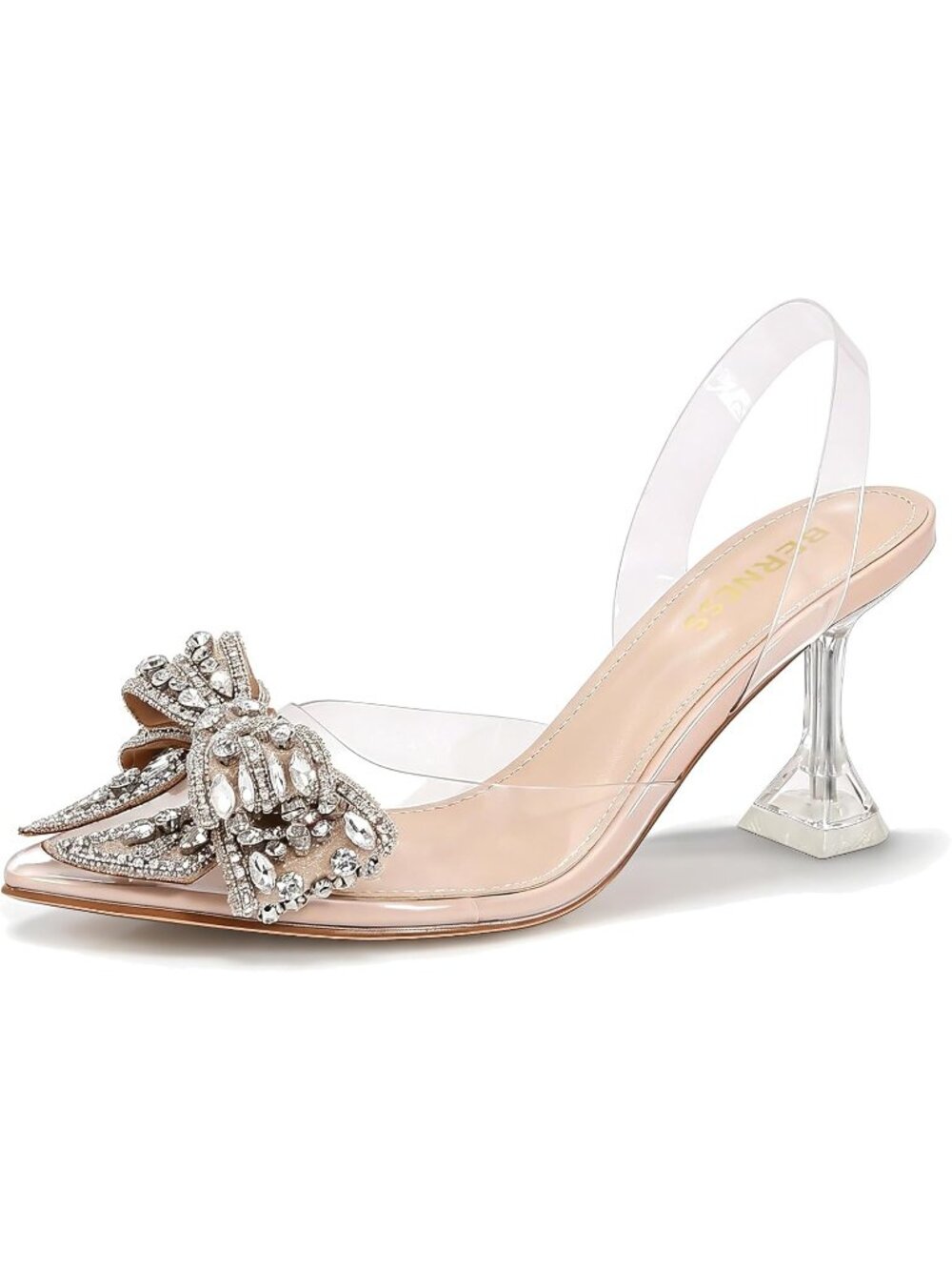 Women's Beige Crystal Bow Clear Slingback Pointed Closed Toe Comfortable Heels